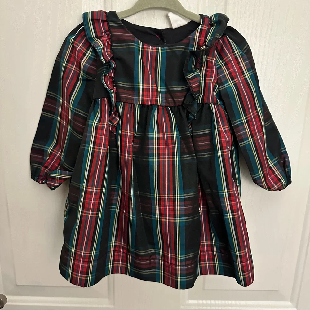 Gap Baby Girl Holiday Red Plaid Long Sleeve Ruffle Lined Taffeta Dress 6-12 mths